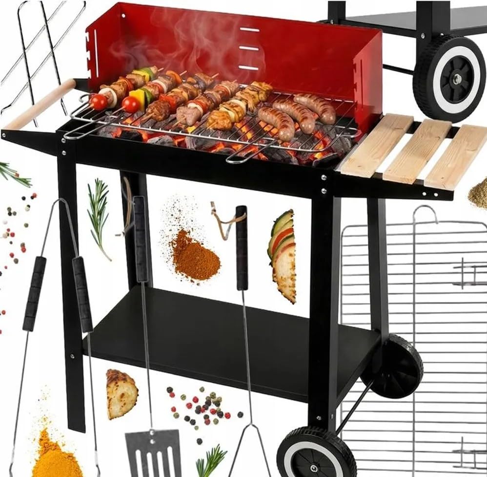 Holzkohlegrill auf Rädern mit Seitenablage, Schwarz/Rot